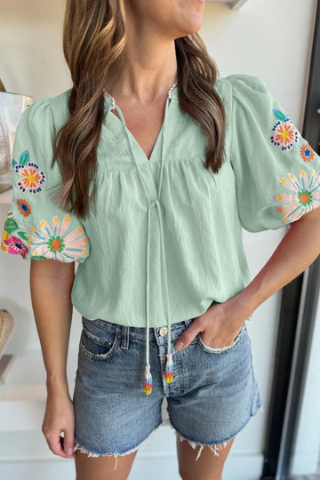 Tie Neck Short Sleeve Blouse DJPT